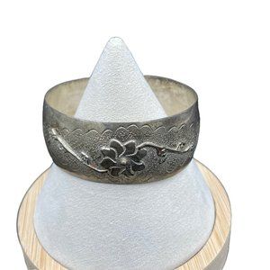 Vintage Antique Sterling Silver 3D Engraved Cuff Bracelet Heirloom Flower Motif